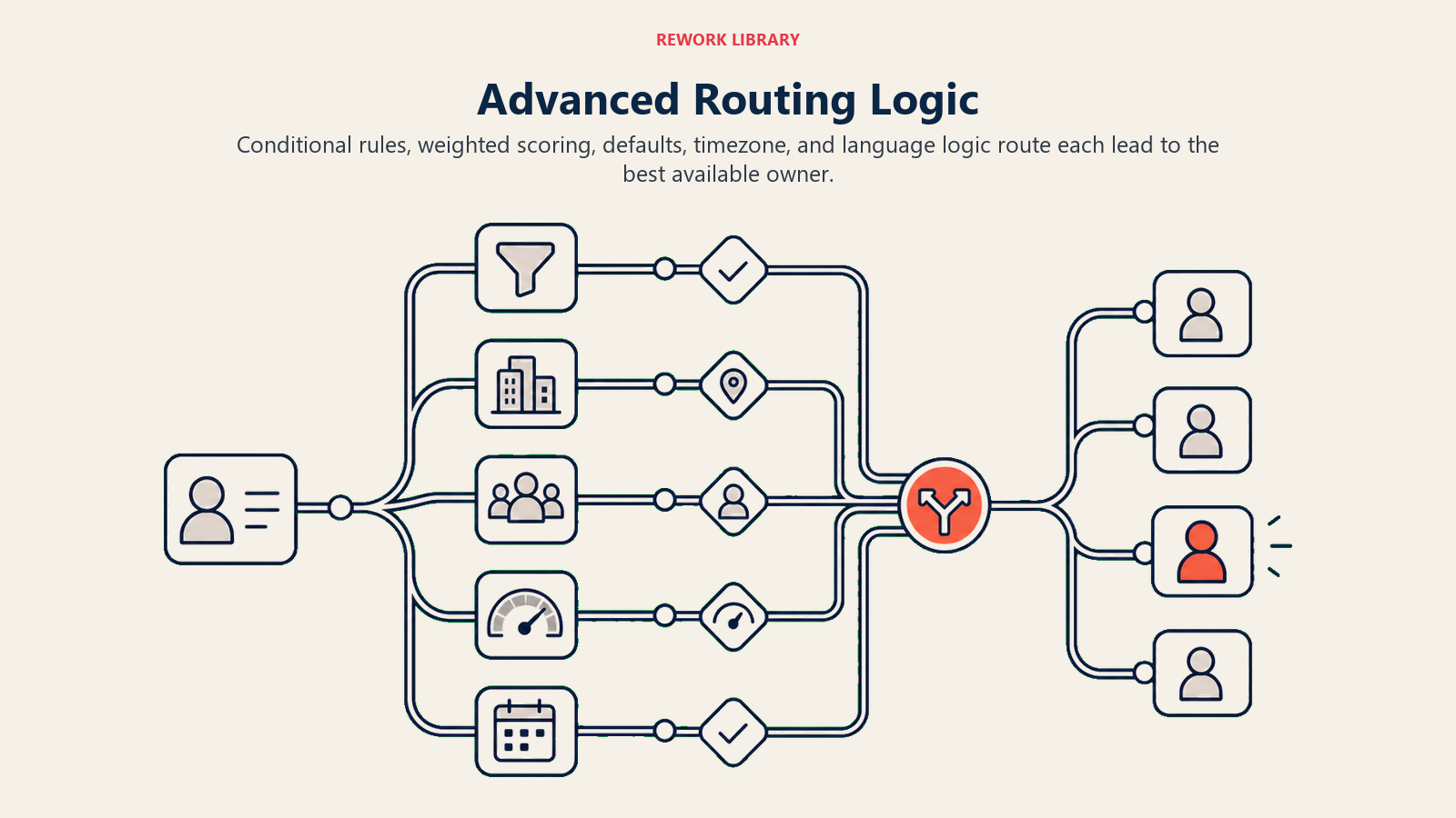 Advanced Routing Logic decision path with priority queue and standard assignment branches