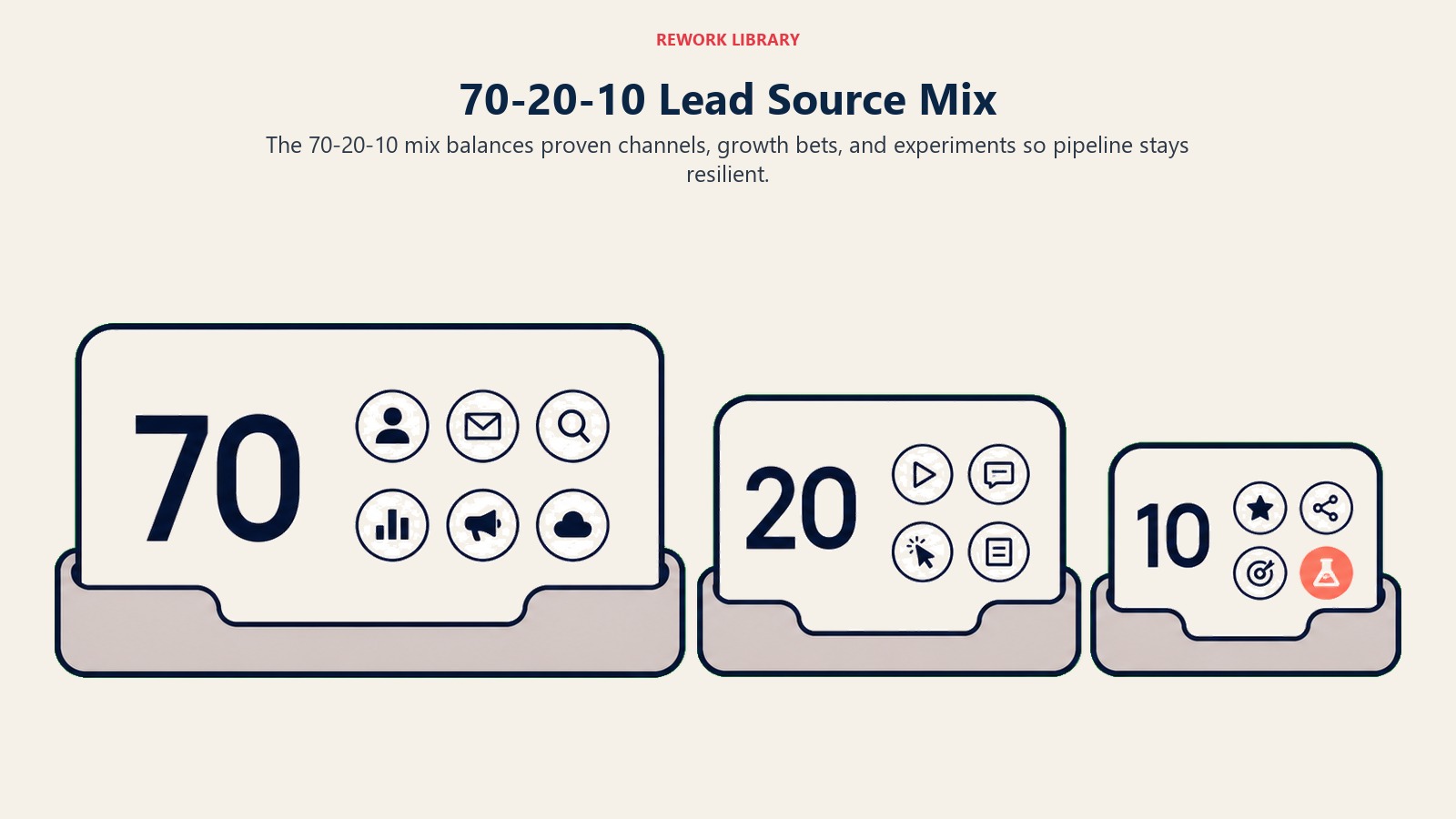 70-20-10 Lead Source Mix visual showing proven channels, growth bets, and experiments in a resilient portfolio