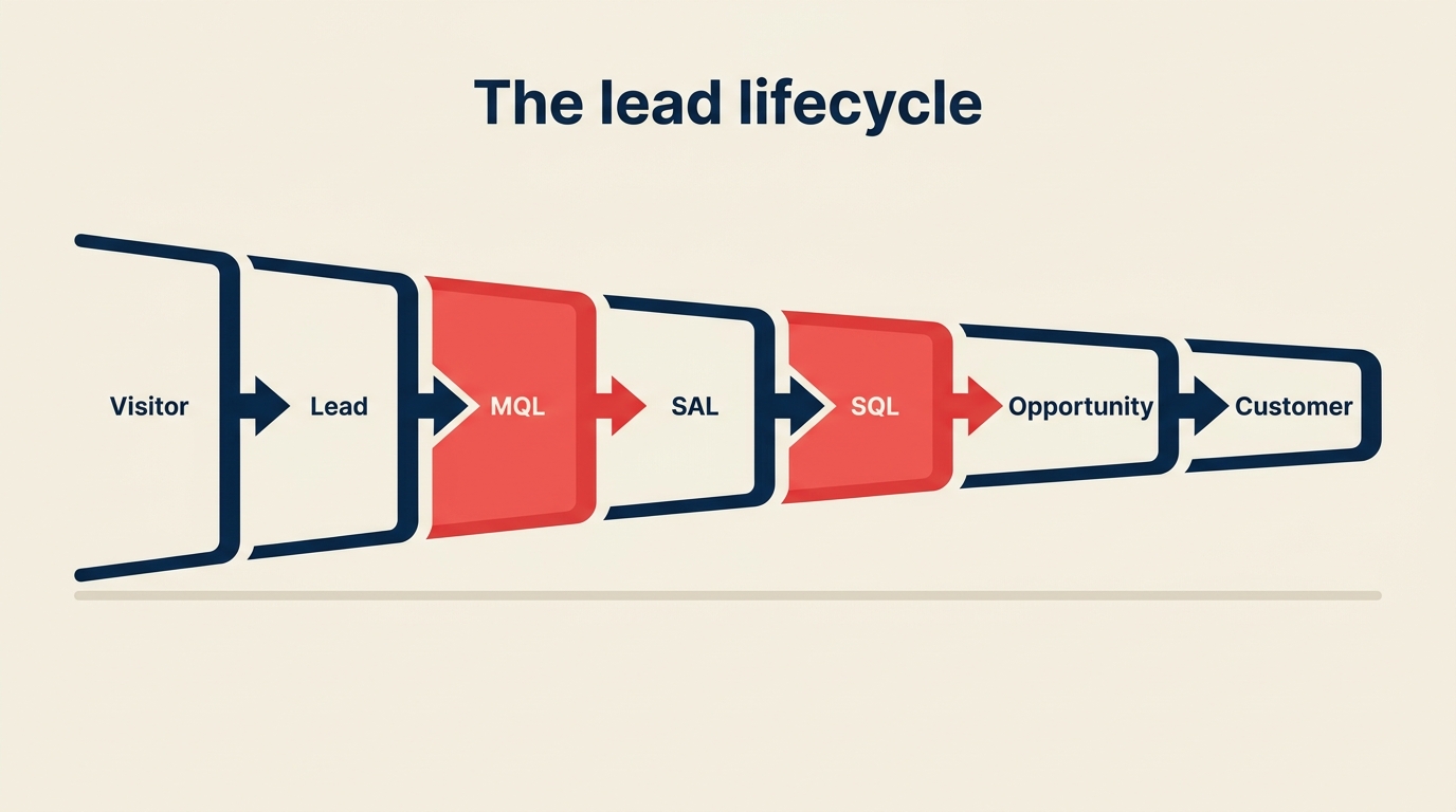 O ciclo de vida do lead: visitante, lead, MQL, SAL, SQL, oportunidade, cliente