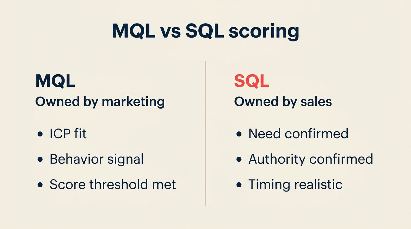 Critérios de pontuação MQL vs. SQL: comportamento + fit de ICP torna-se MQL; necessidade + autoridade + prazo torna-se SQL