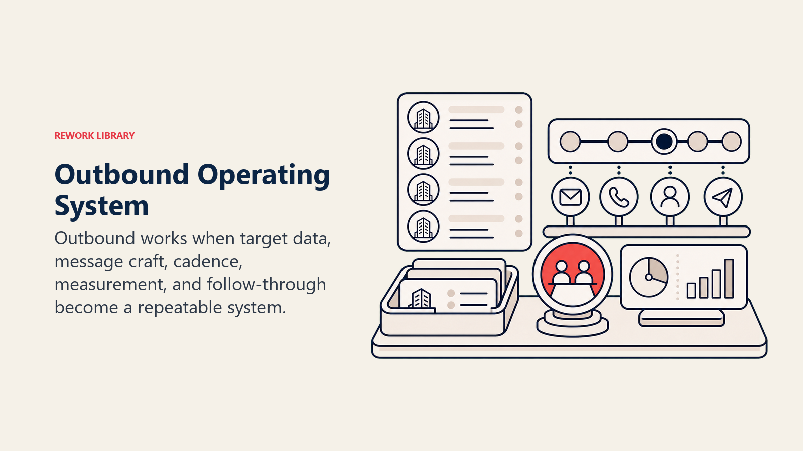 Outbound Operating System visual showing a target list, cadence rail, data tray, and meeting token
