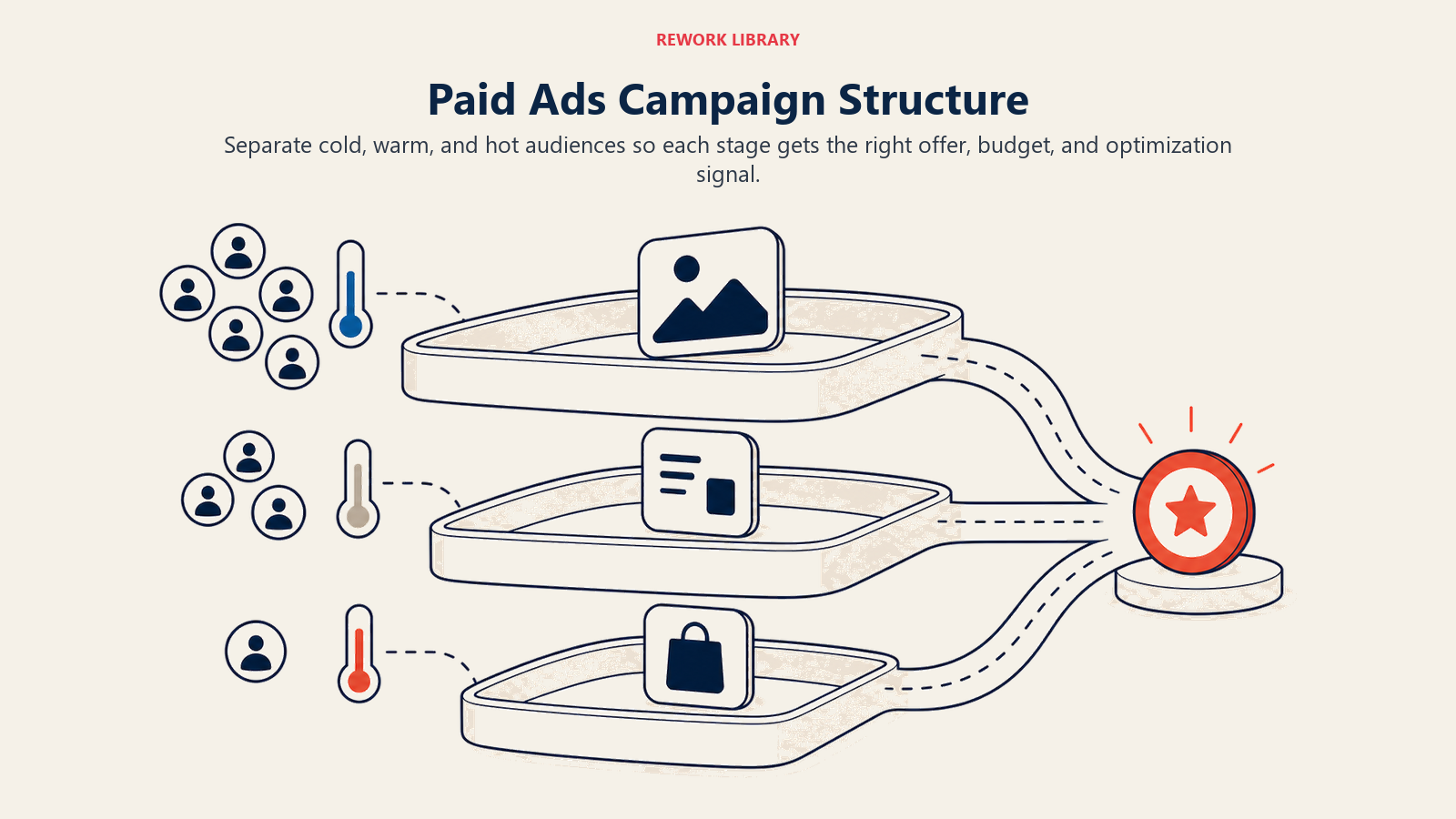 Visual de estrutura de campanha de anúncios pagos, mostrando três camadas de campanha por estágio do funil