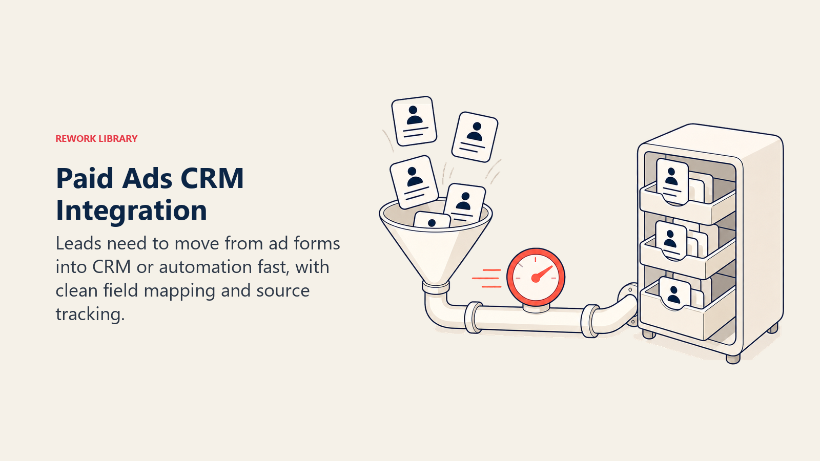 Visual de integração de CRM com anúncios pagos, mostrando cards de formulário fluindo por um cano de integração até uma bandeja de CRM