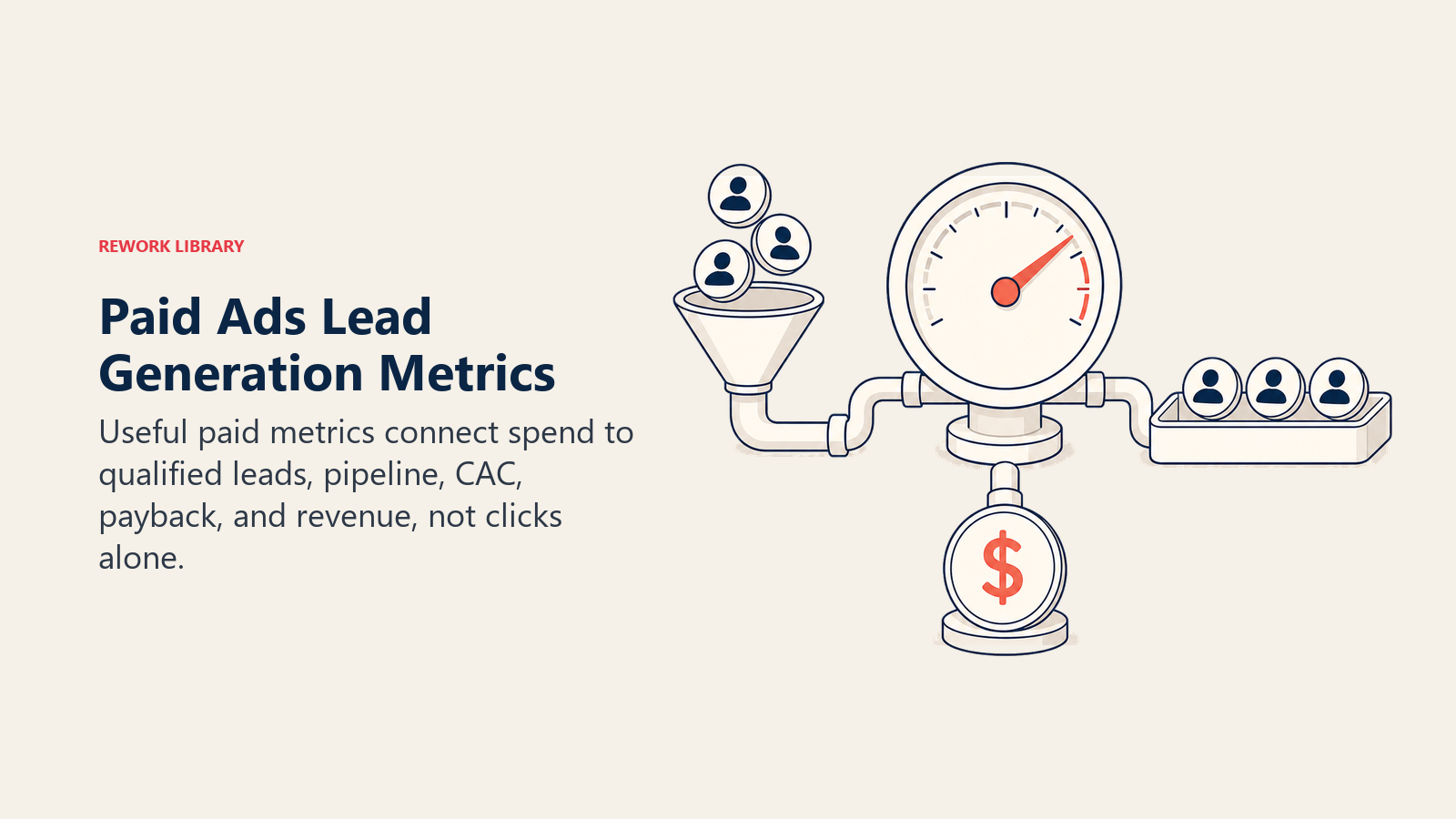 Visual de métricas de geração de leads por anúncios pagos, mostrando um medidor de desempenho conectado a tokens de pipeline e retorno
