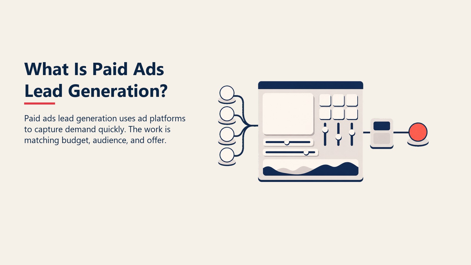 Visual sobre o que é geração de leads por anúncios pagos, mostrando um painel de controle de plataforma de anúncios transformando tokens de orçamento em um caminho de lead qualificado