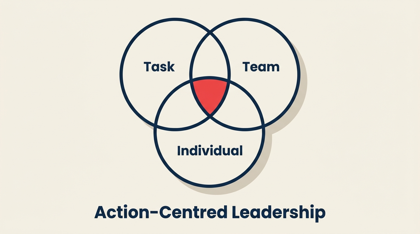 Action-Centred Leadership Model: three large overlapping circular rings represented as interlocking rounded loops around one coral balance point, visually distinct as