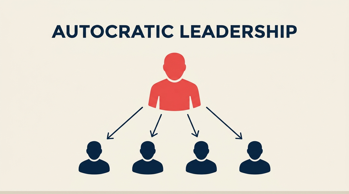 What Is Autocratic Leadership? visual showing one decisive command lever moving a coordinated row of simple task blocks