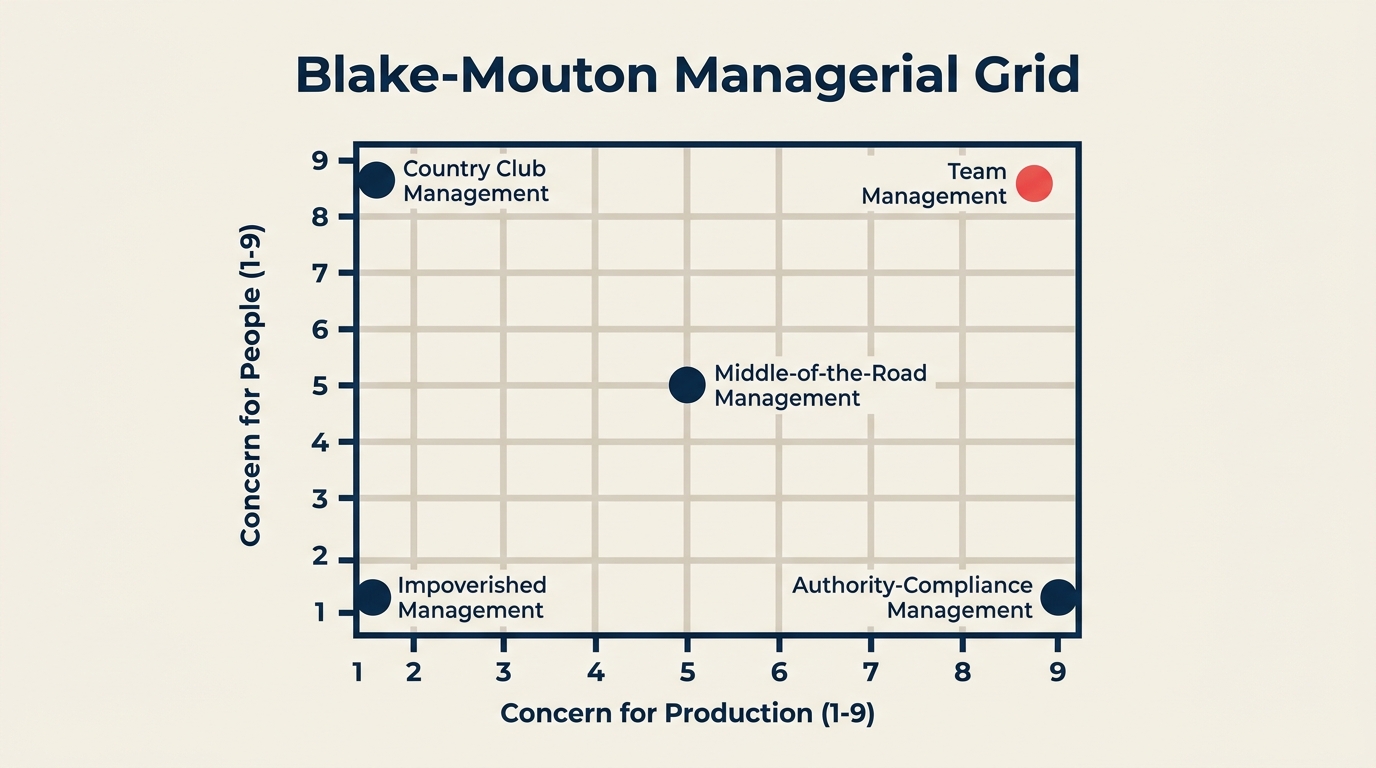 Blake-Mouton Managerial Grid menunjukkan dua sumbu 9x9 dengan lima gaya yang dinamai