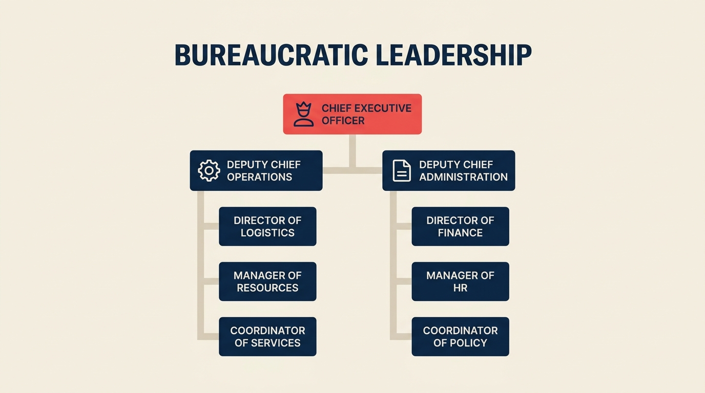 What Is Bureaucratic Leadership? illustrated with a stately rulebook cabinet whose aligned drawers and approval tabs embody legal-rational authority.