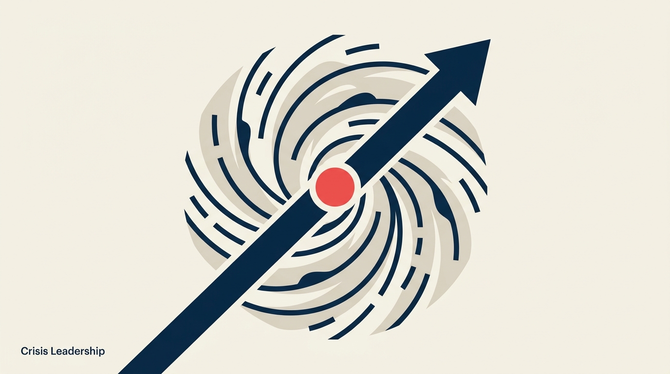 Crisis Leadership illustrated with a pressure-tested command compass sits inside a tightening time ring, with one coral decision light remaining steady