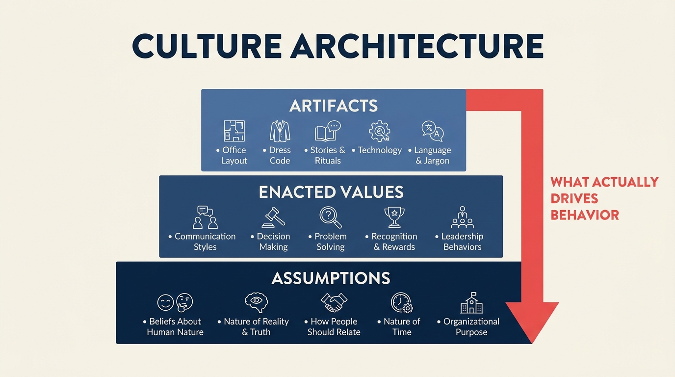 Framework de arquitetura cultural mostrando como líderes projetam sistemas organizacionais para criar a cultura pretendida