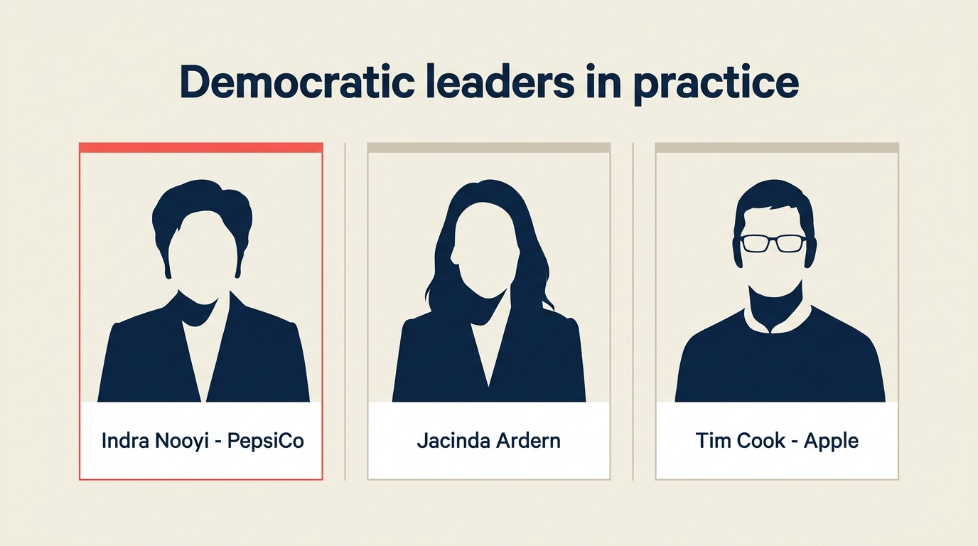 Contoh pemimpin demokratis termasuk Indra Nooyi, Jacinda Ardern, dan Tim Cook
