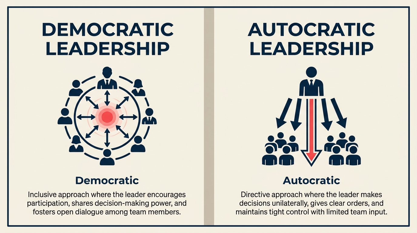Demokratische vs. autokratische Führung im Vergleich: gemeinsame versus top-down Entscheidungsfindung