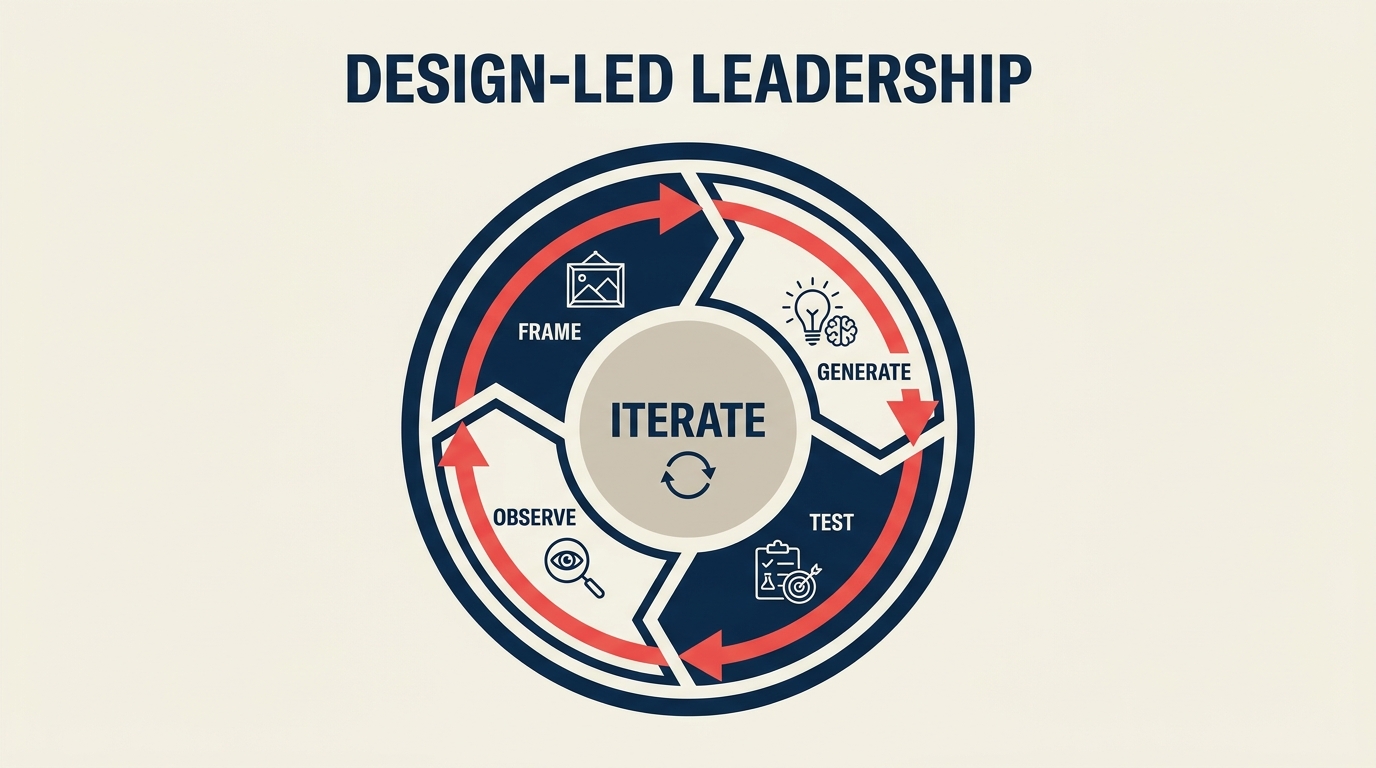 Rangka kerja kepimpinan berasaskan reka bentuk yang menunjukkan cara design thinking diterapkan pada strategi organisasi dan membuat keputusan