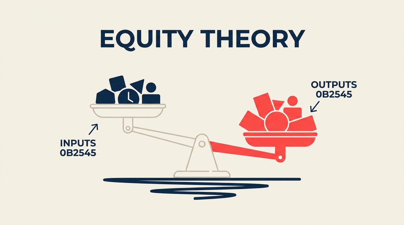 Adams' Equity Theory of Motivation illustrated as a balance scale comparing two input-output ratios