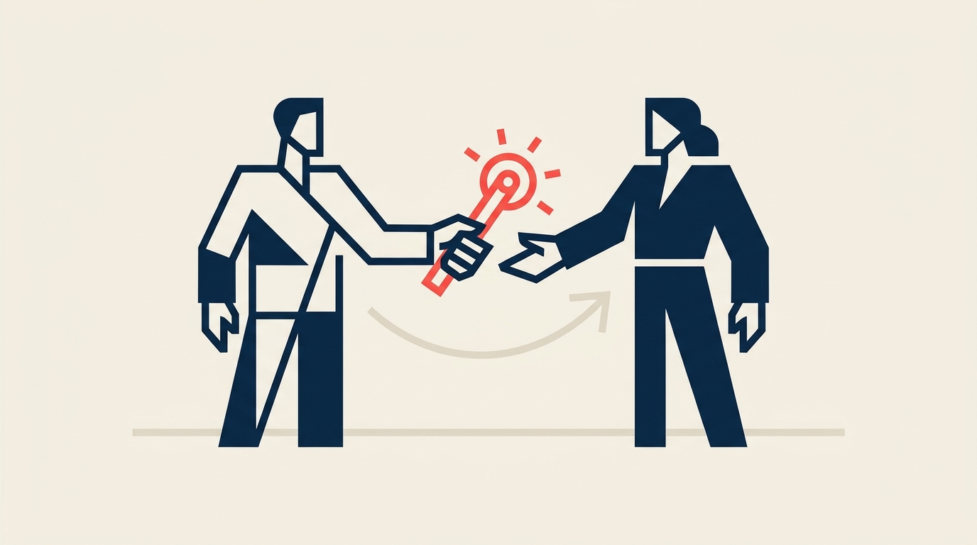 Founder-to-CEO Transition illustrated with an origin key handed to a new operating lock while the founder keeps a separate legacy token