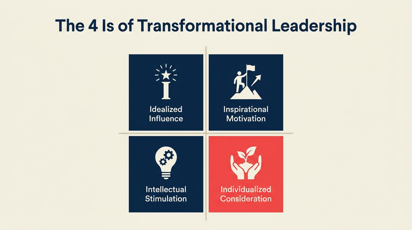 The 4 I's of Transformational Leadership illustrated with a recognizable four-part model makes bass's framework memorable without dense text.