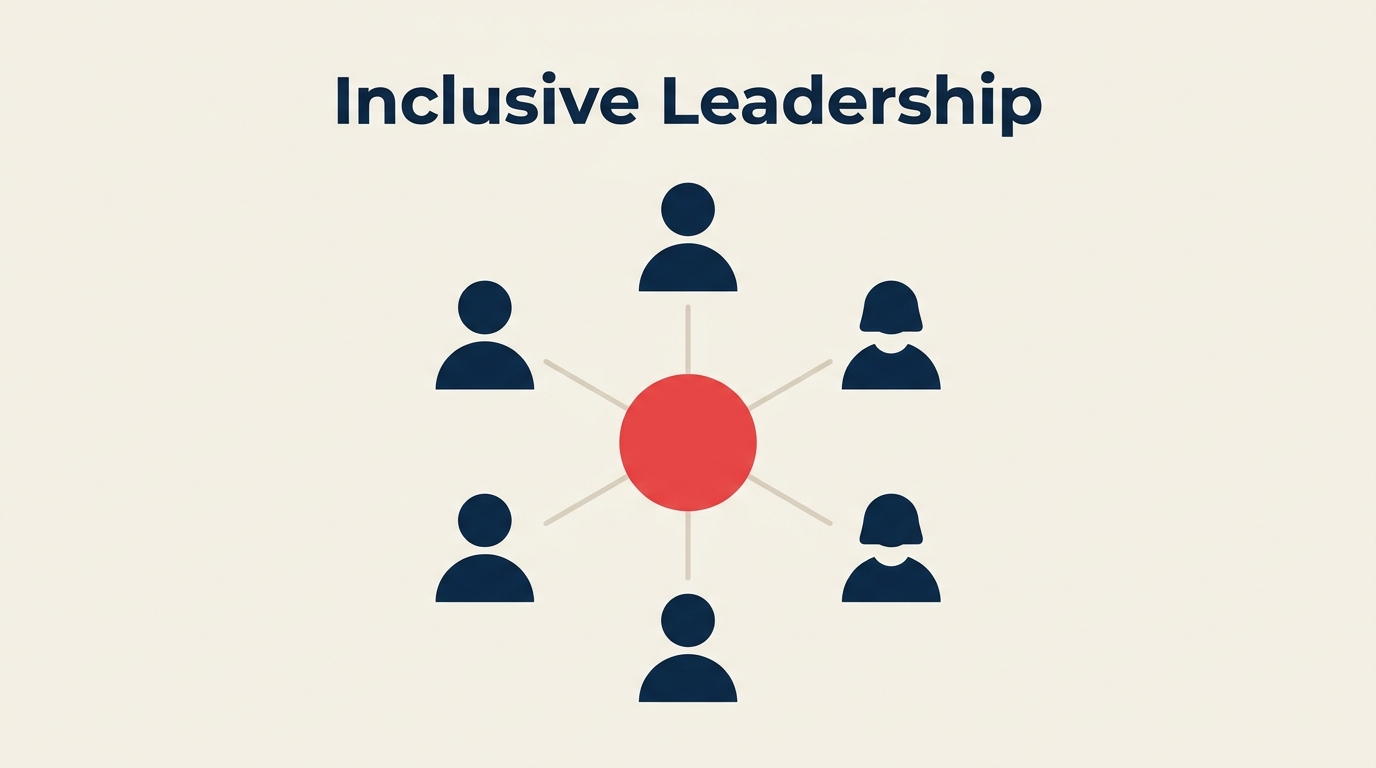 Inclusive Leadership illustrated with a broad listening canopy gathers several uniquely shaped contribution signals into one shared coral opening without flattening their differences