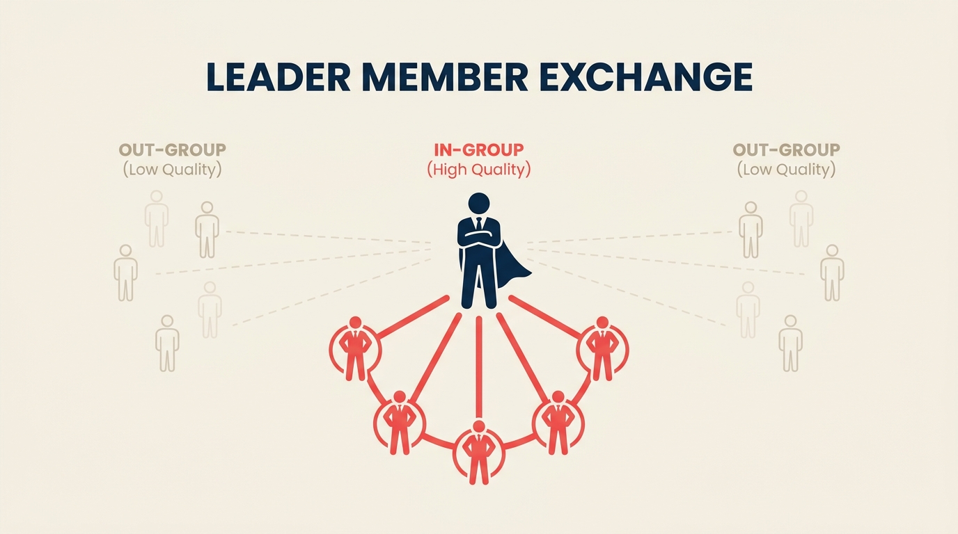 Leader-Member Exchange Theory illustrated as a leader hub forming one distinct bridge with each member token