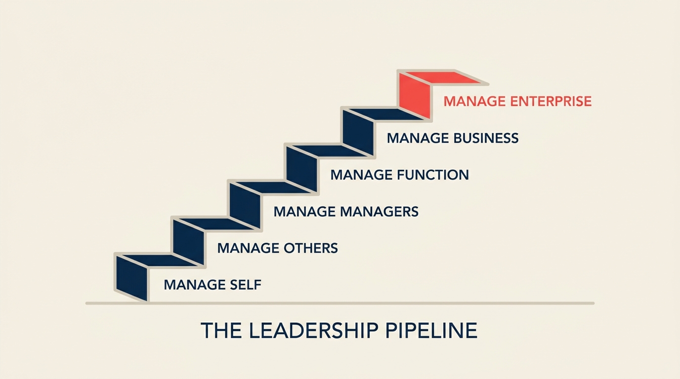 Model leadership pipeline yang menunjukkan enam tahap tangga dari kontributor individu hingga manajer enterprise
