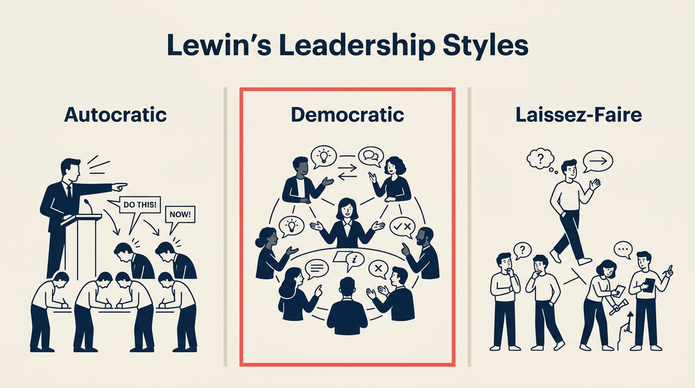 Diagrama dos três estilos de liderança de Lewin: autocrático, democrático, laissez-faire