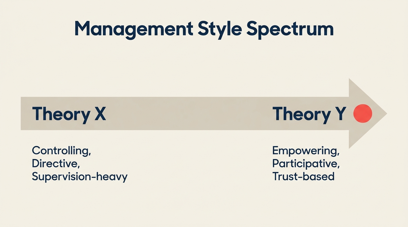 Spektrum manajemen dari Theory X yang mengendalikan hingga Theory Y yang memberdayakan