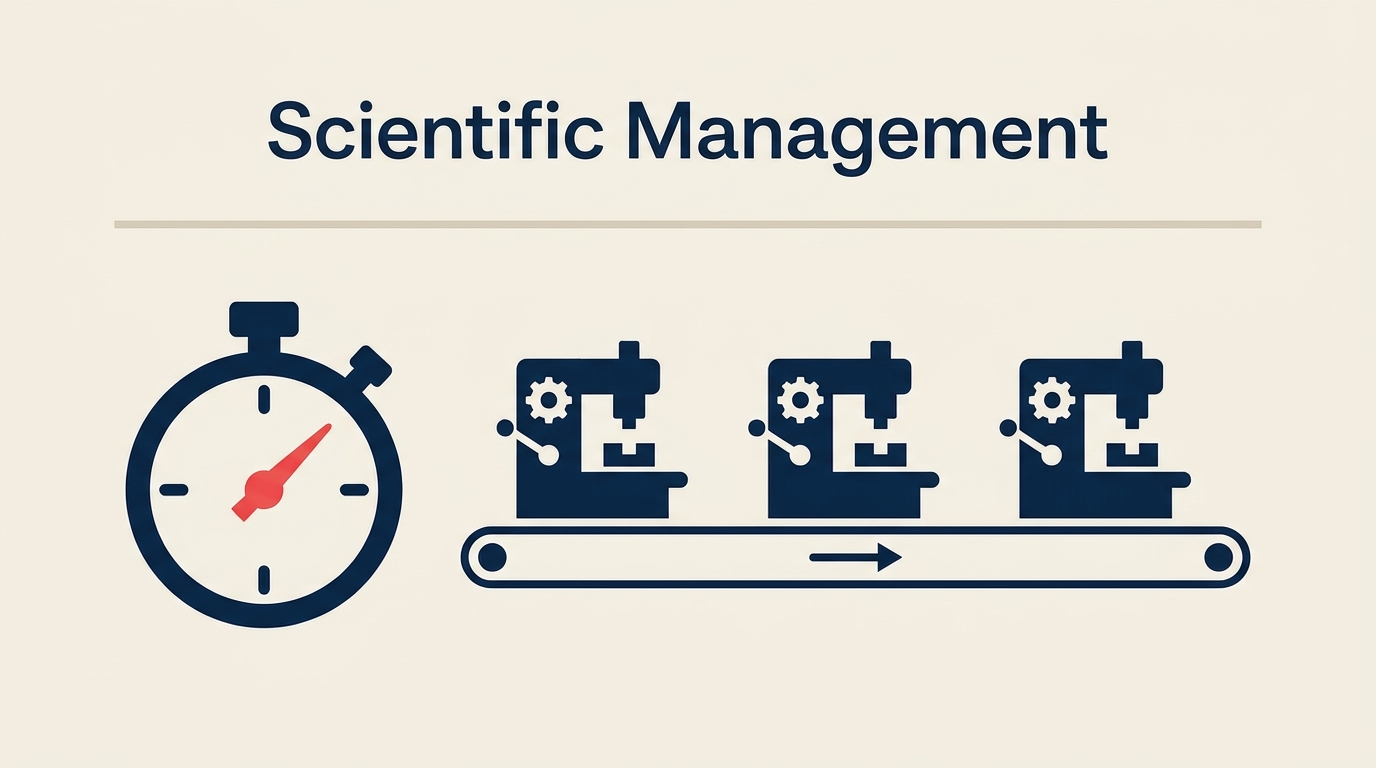 Theorie des Scientific Management mit Stoppuhr und Workflow-Diagramm