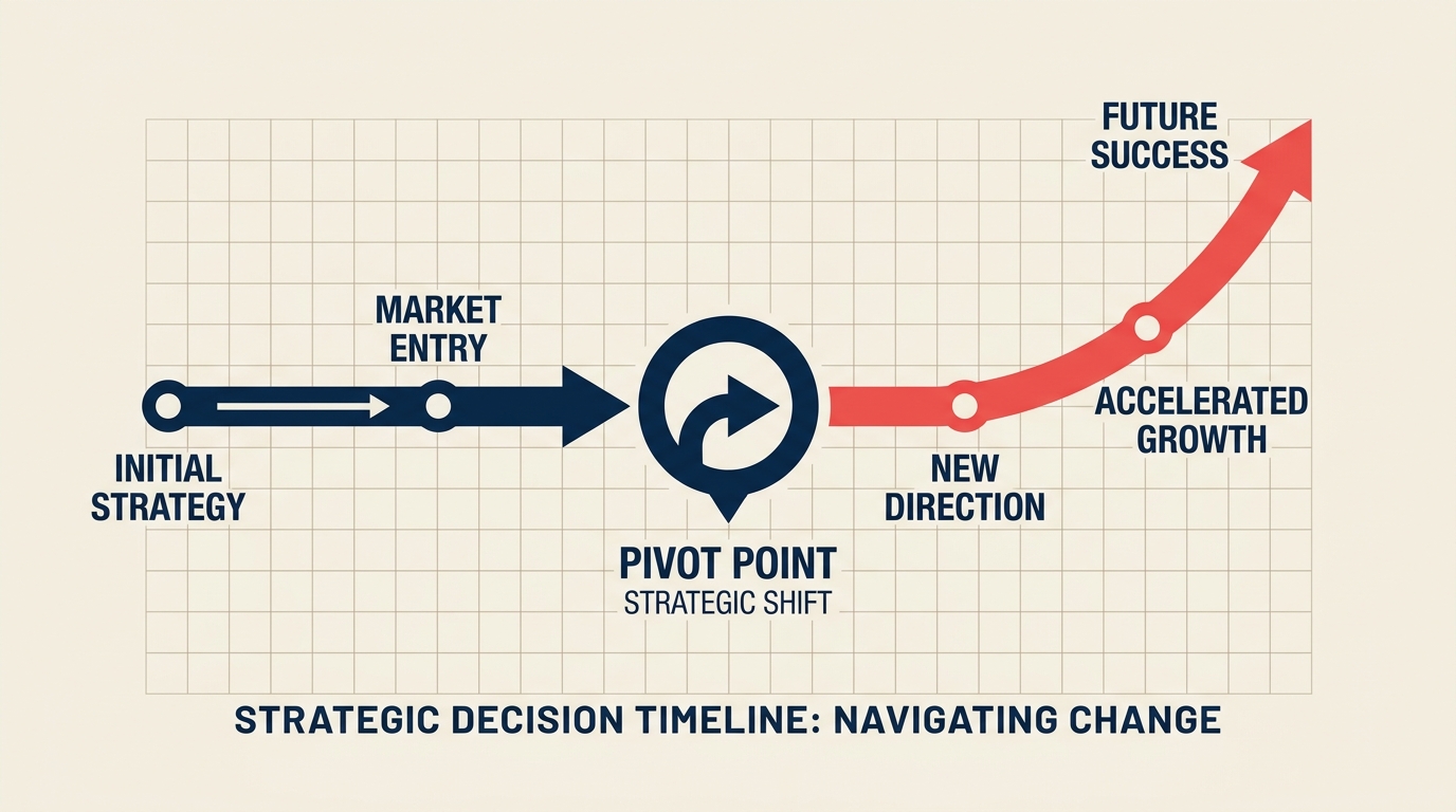Strategic Pivot Timing illustrated with a directional compass sits at a fork where one route continues and another deliberately turns toward a coral opportunity marker