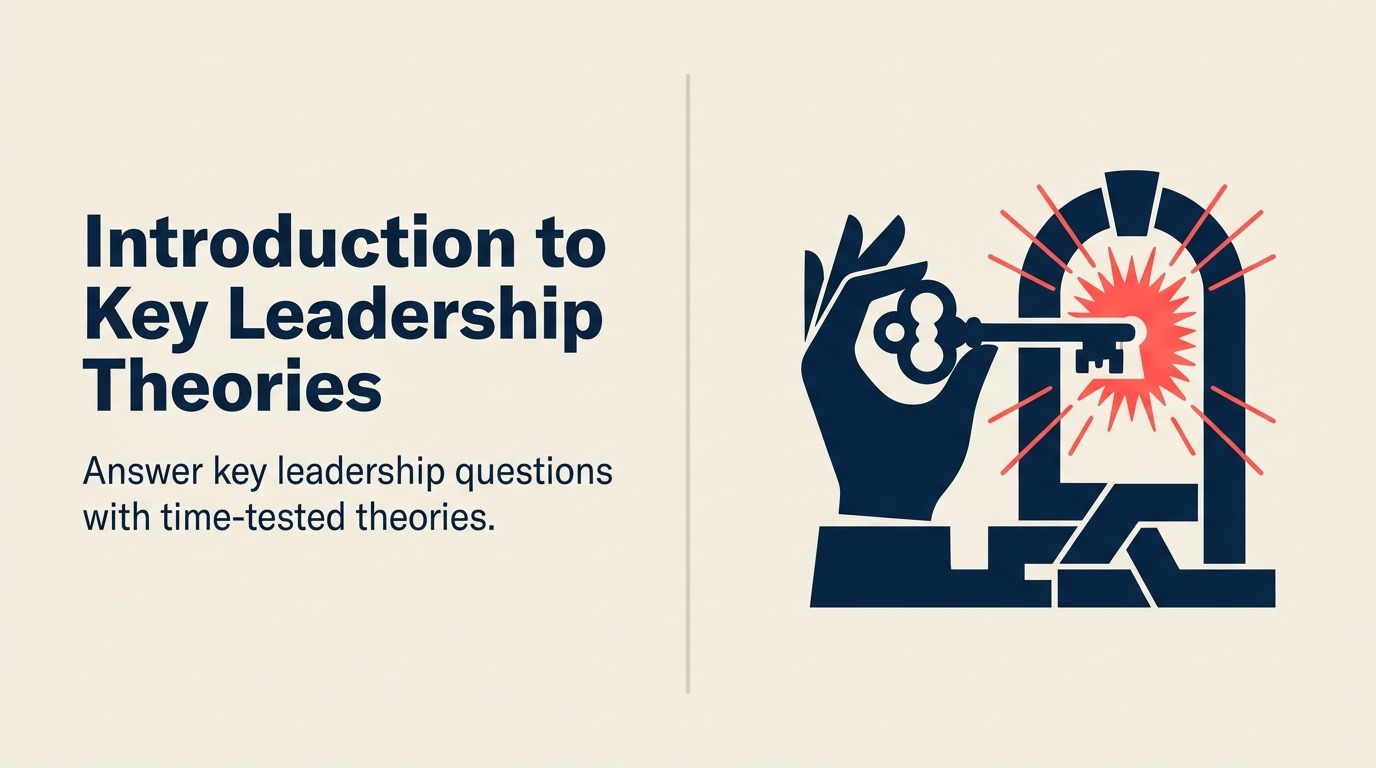 Key Leadership Theories illustrated with a library lens rotates across several different leadership model objects, focusing one coral insight without forcing one universal answer