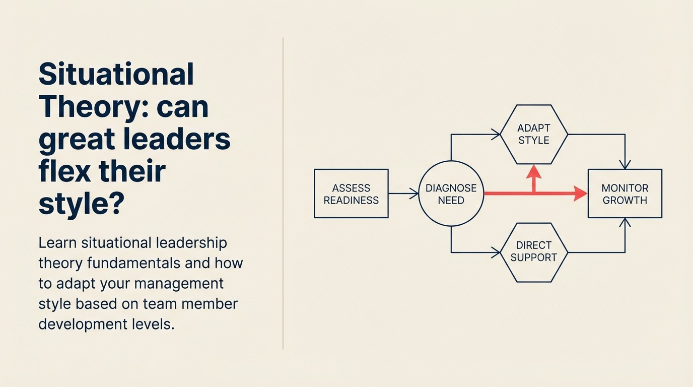 What Is Situational Leadership Theory? illustrated with an adjustable leadership tool changing shape to fit four task-readiness sockets