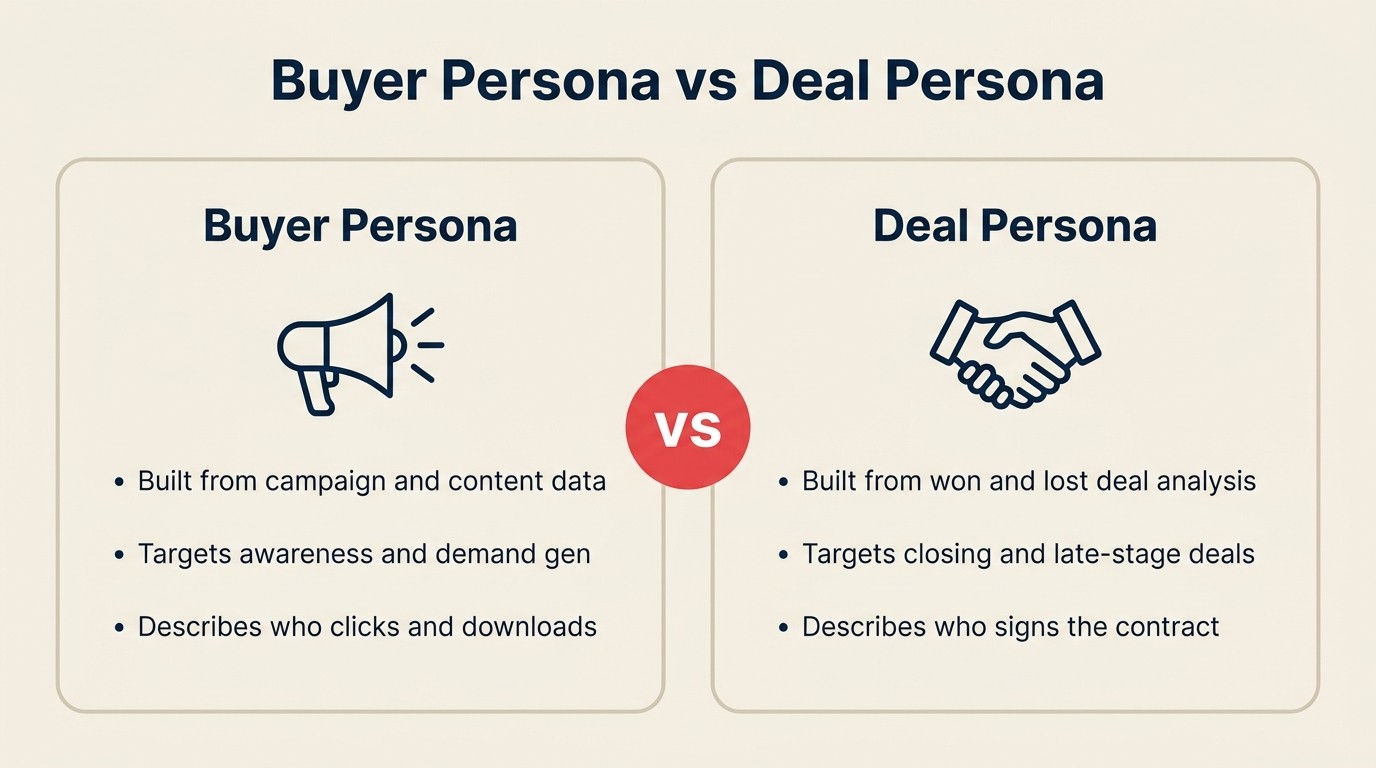 Buyer persona vs deal persona, two character maps for different stages of the funnel