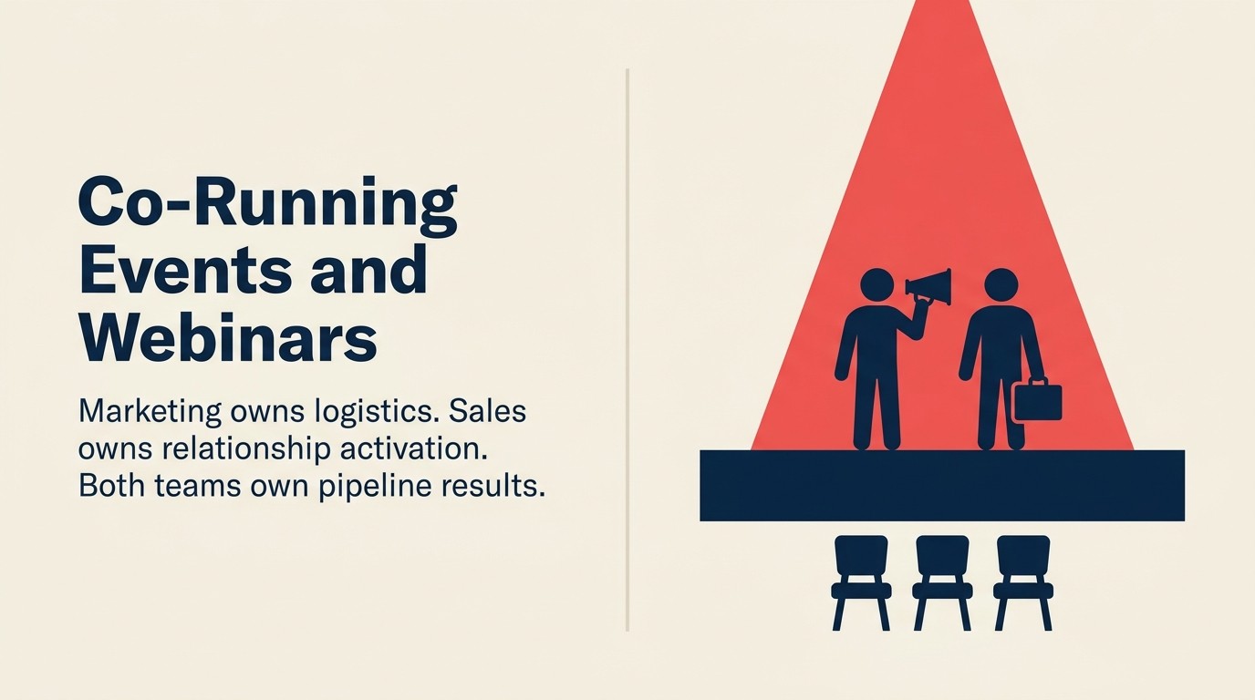 Co-running events and webinars joint ownership model showing marketing and sales roles before, during, and after