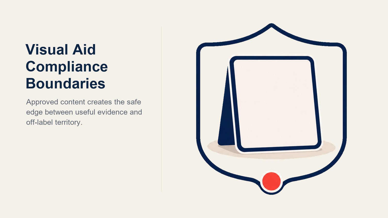 Visual Aid Compliance Boundaries illustrated as an approved-content gate with an off-label question routed to medical affairs