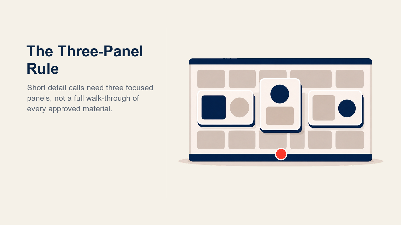 The Three-Panel Rule illustrated as many approved detail-aid panels narrowing to three HCP-relevant choices
