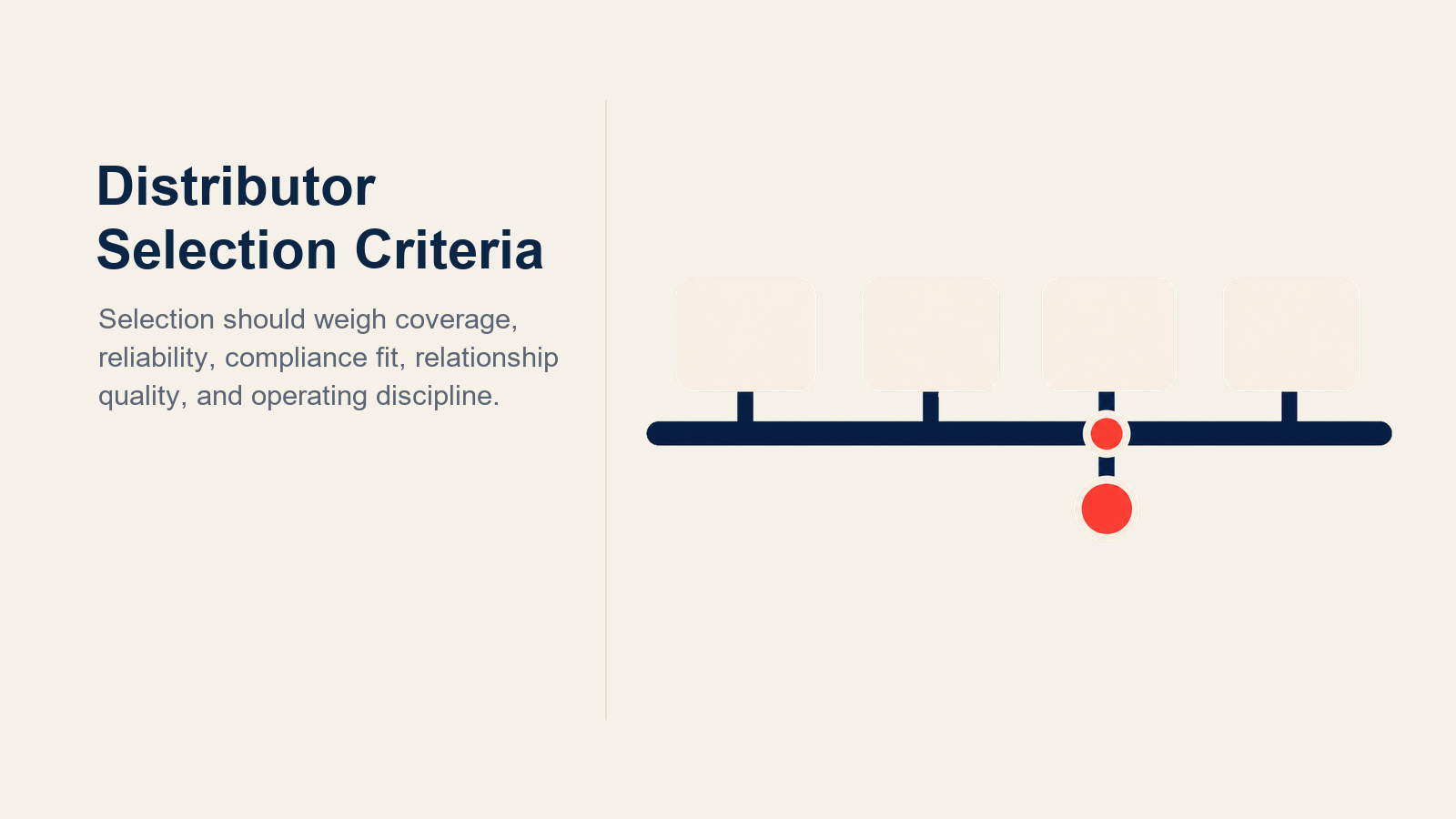 Pharma Distributor Selection Criteria illustrated with a large inspection lens revealing six evidence tokens inside a distributor depot