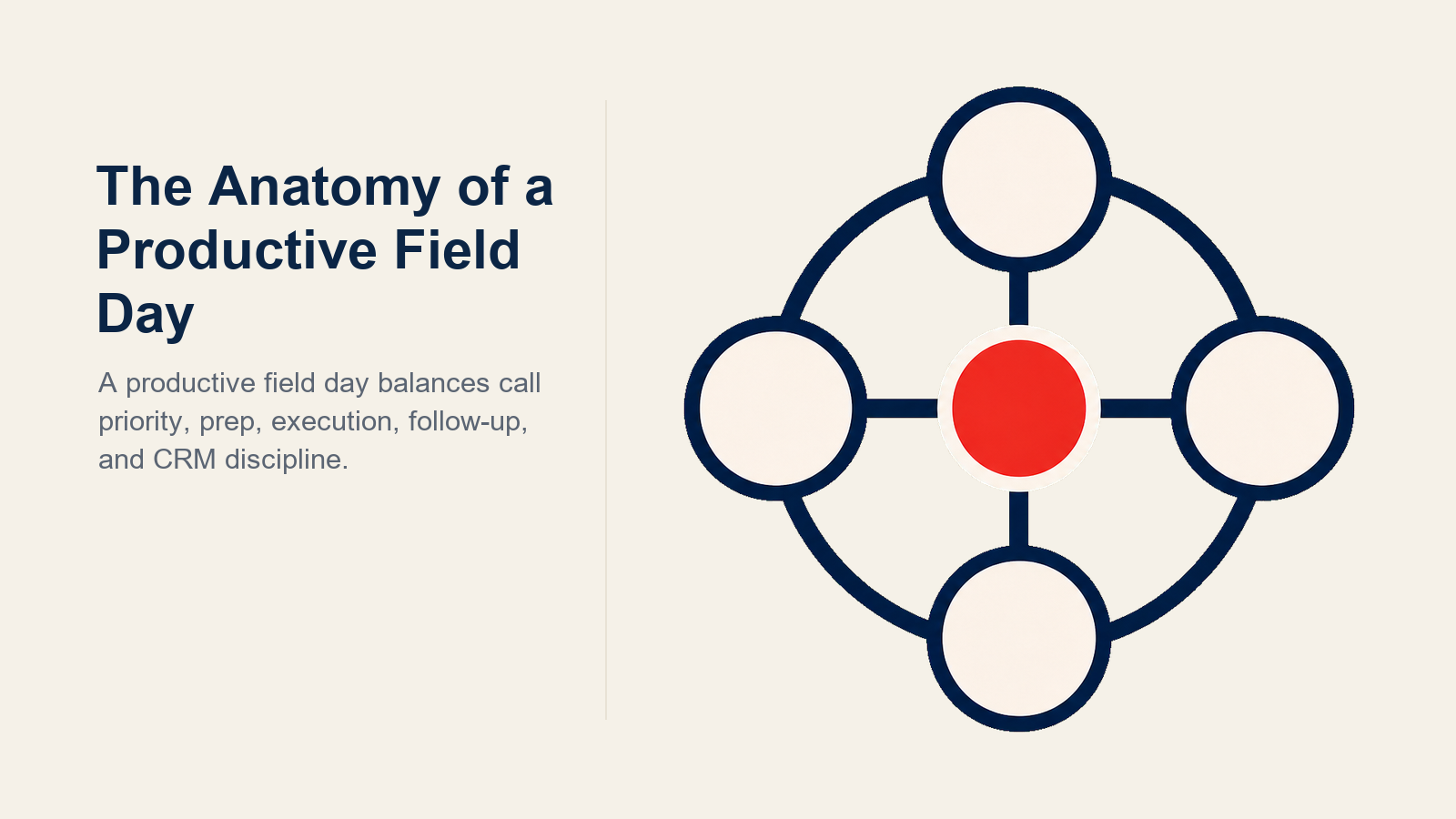 Productive pharma field day shown as a sunrise-to-evening sequence of planning, calls, travel, and CRM follow-up