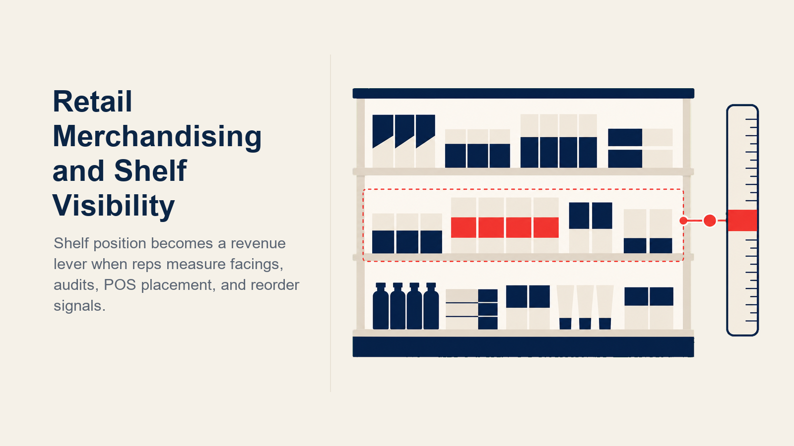 Retail Merchandising and Shelf Visibility illustrated as a pharmacy shelf with an eye-level visibility meter