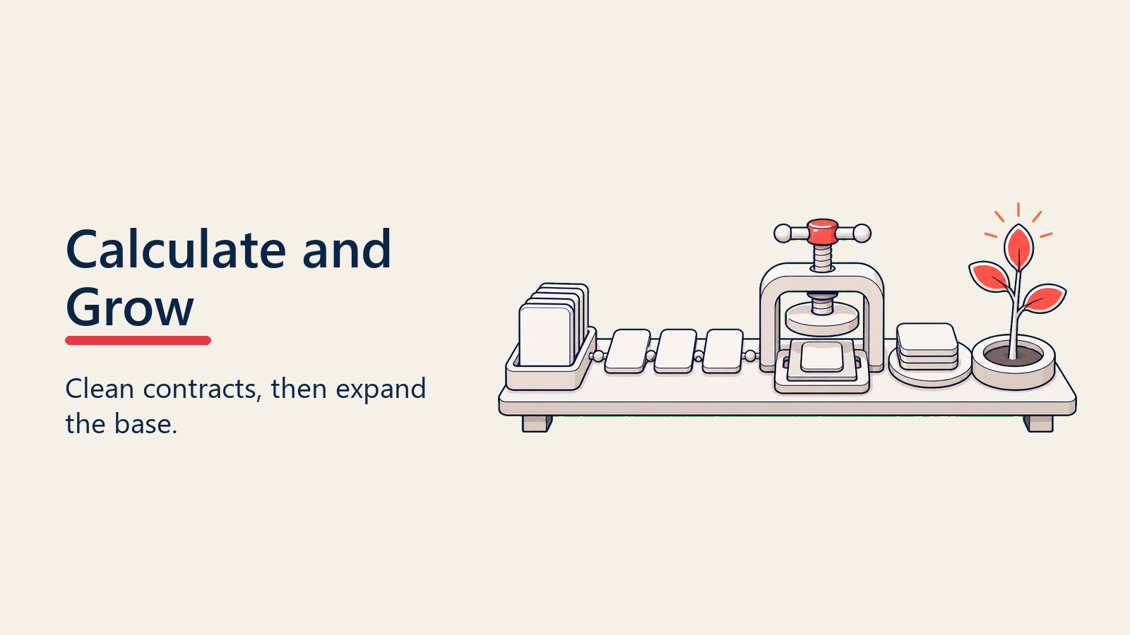 Subscription workbench with contract cards, normalization press, and growth sprout