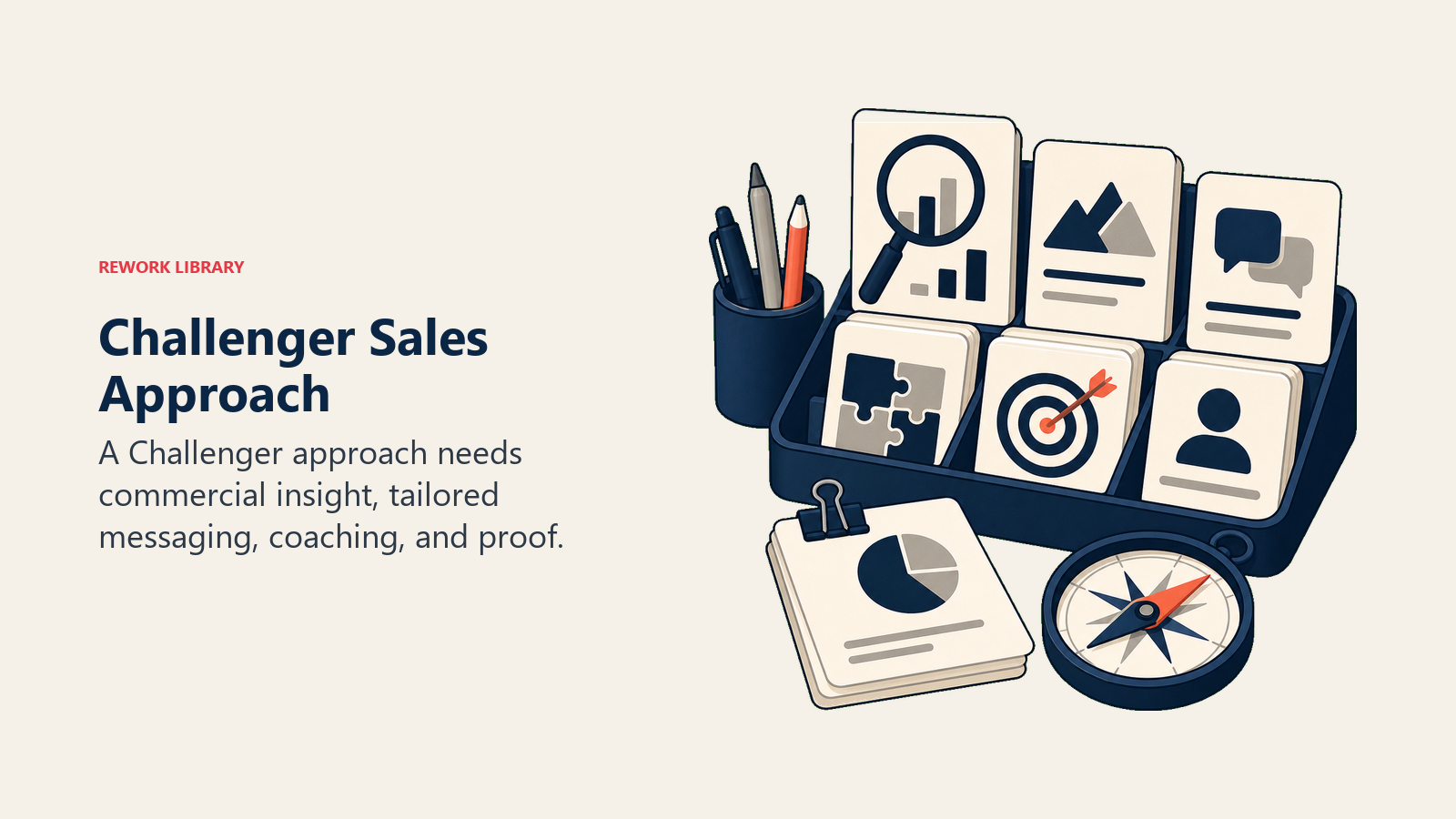 Challenger Sales Approach shown as a sales enablement workbench assembling insight cards, proof tokens, and a coaching compass.