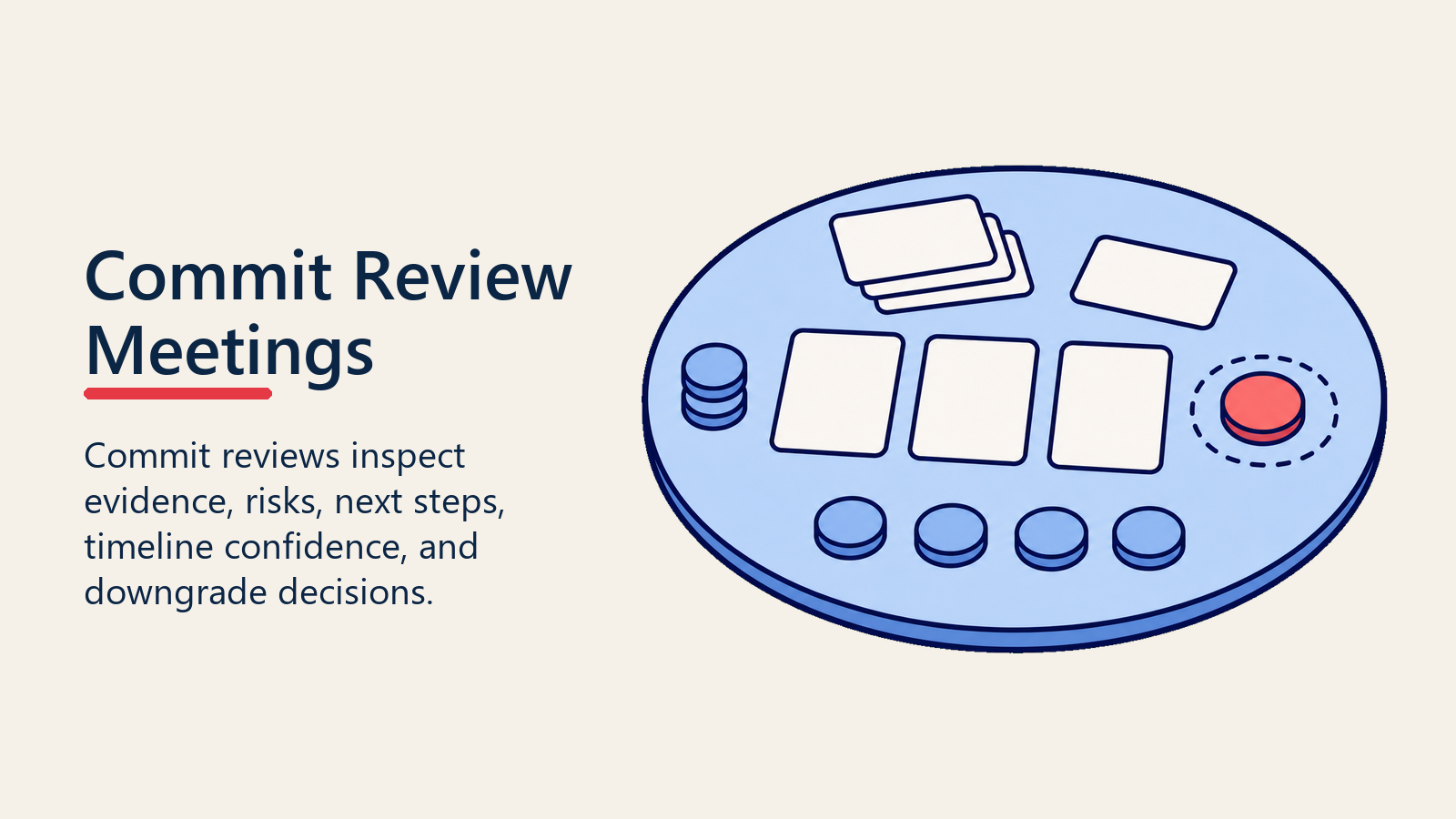 Commit review table with blank deal cards, risk tokens, and validation marker