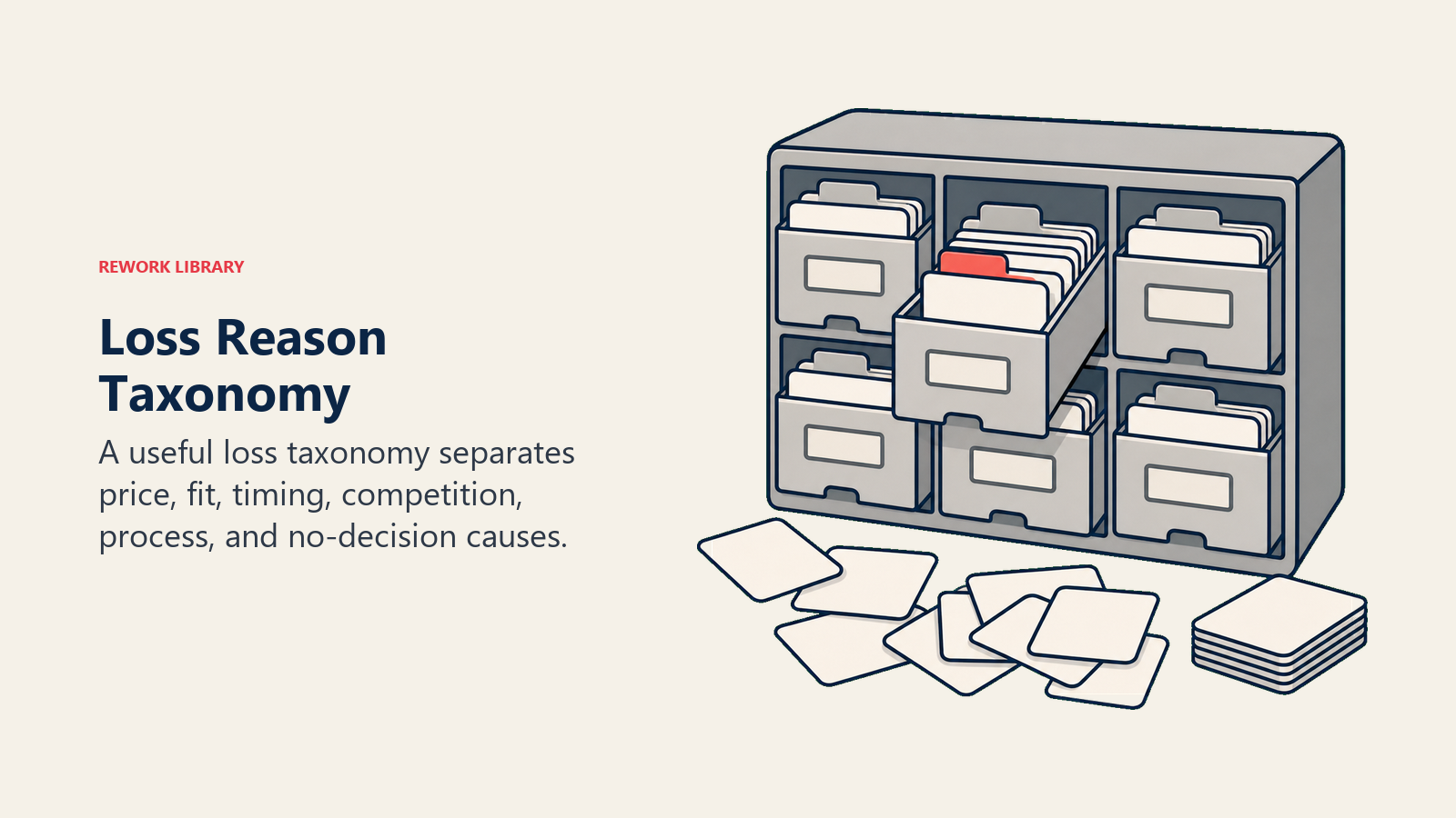 Loss Reason Taxonomy shown as a sorting cabinet separates blank loss cards into distinct reason drawers, with one coral pattern tag.