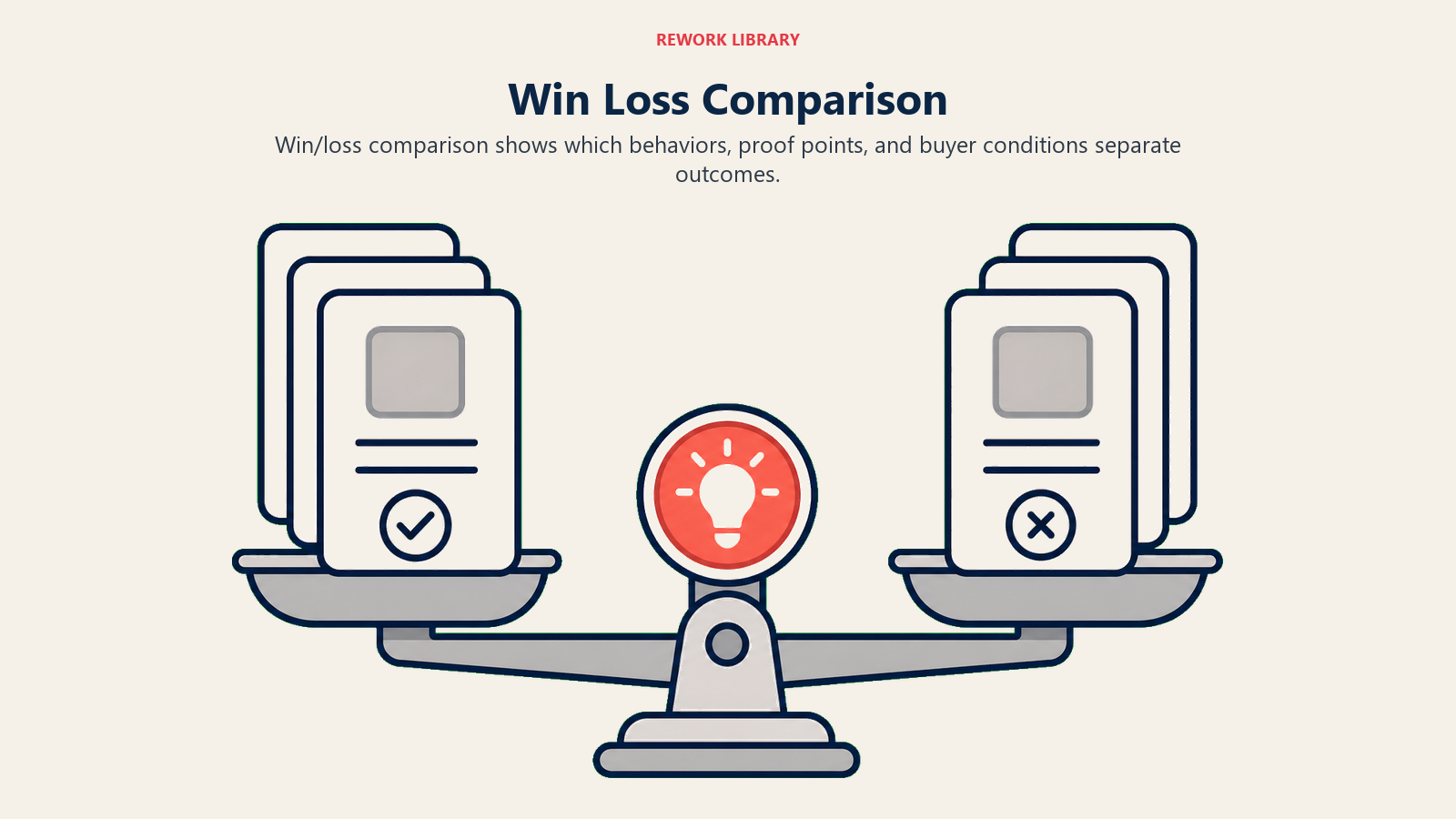 Win Loss Comparison shown as two clean evidence stacks sit on a comparison scale, with the winning stack marked by a coral signal.