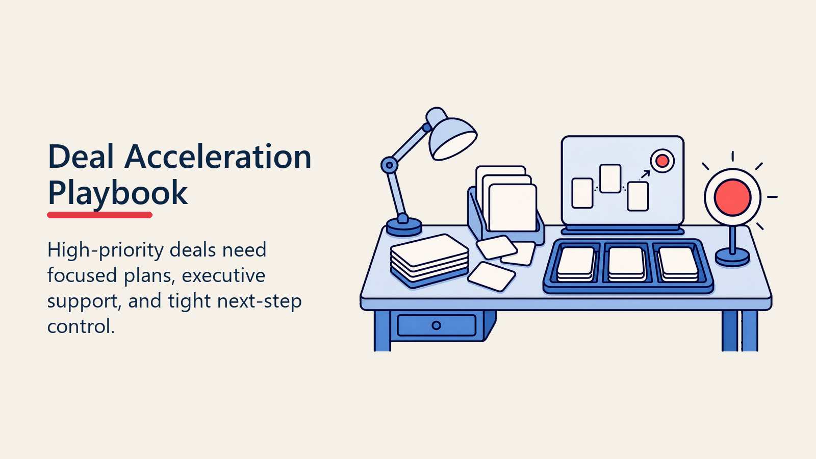 Deal acceleration playbook visual with blank playbook cards on an acceleration workbench