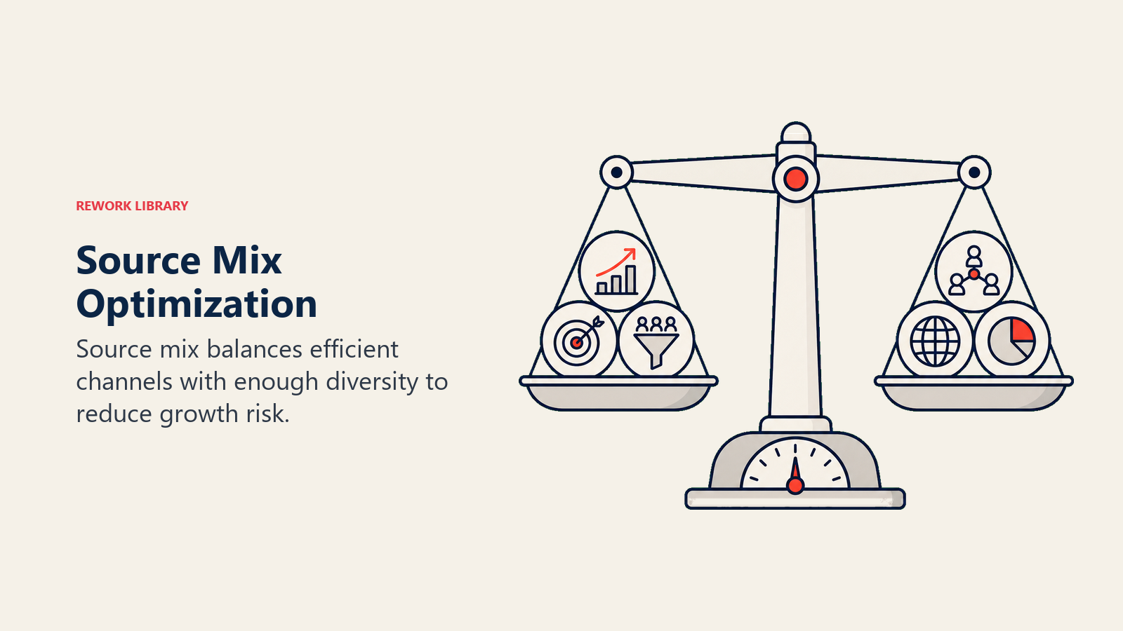 Source mix optimization visual with efficiency and risk balanced on scale