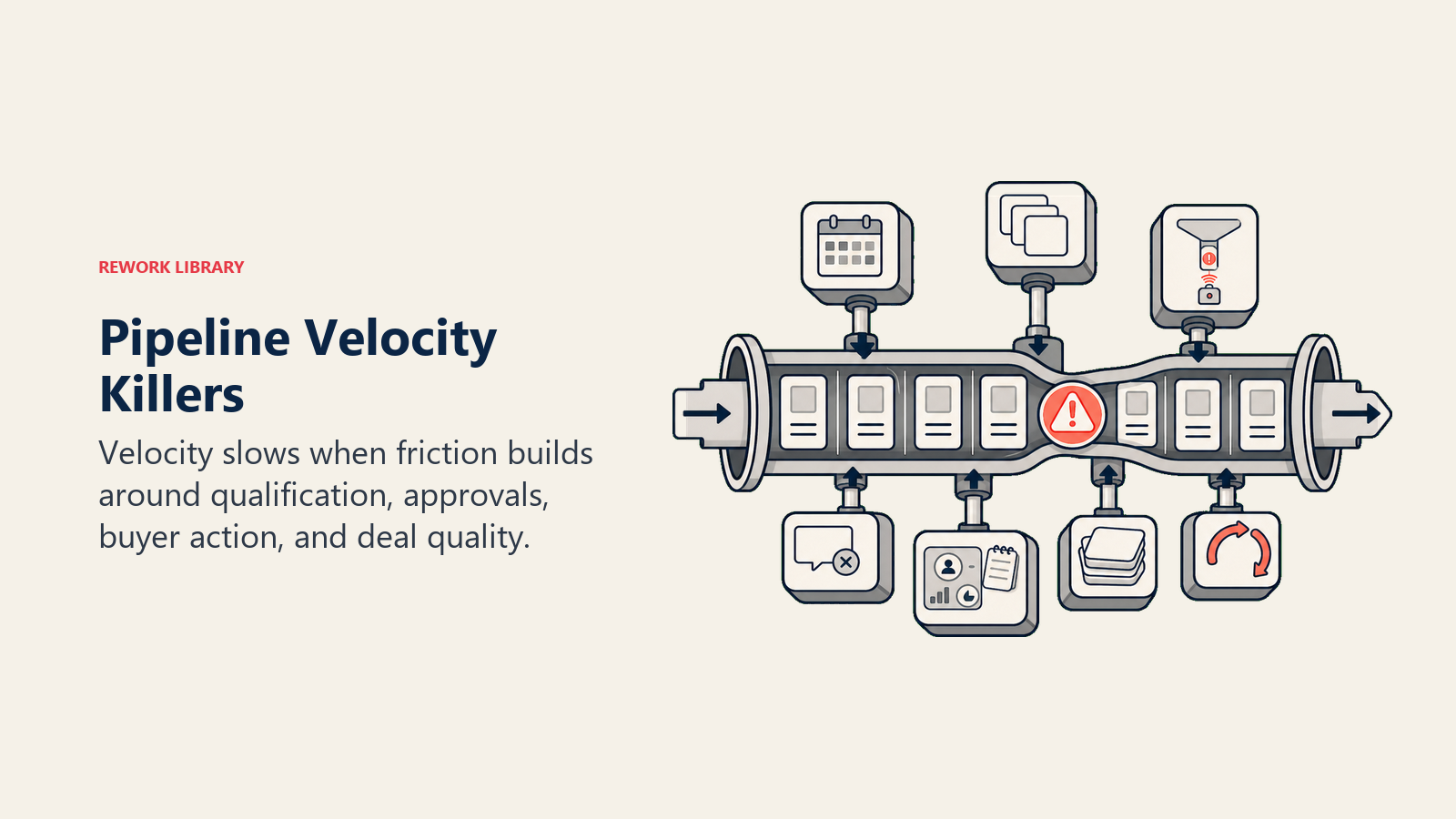 Pipeline Velocity Killers shown as a smooth deal track is slowed by friction blocks, with one coral warning sensor.