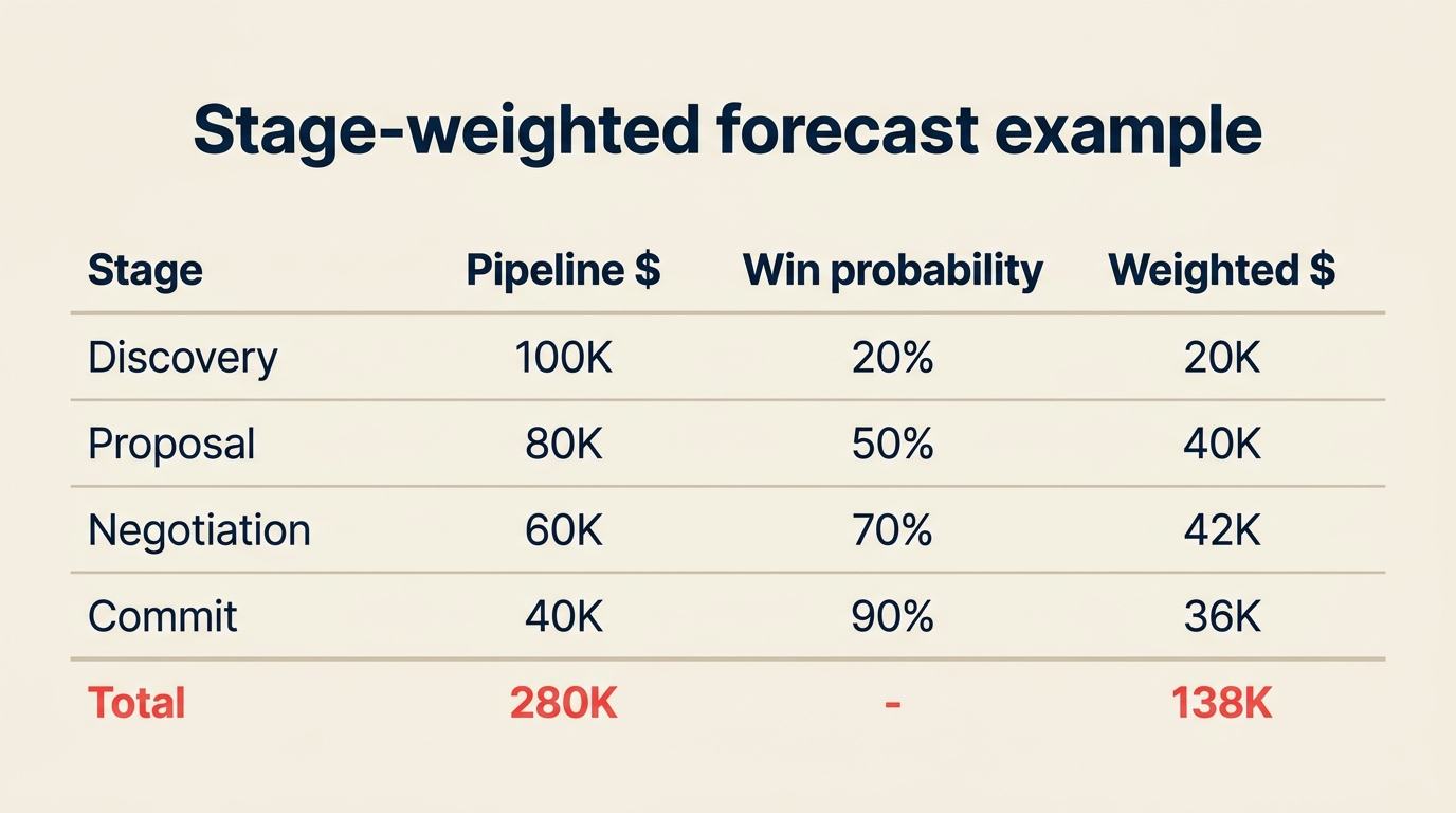 Ejemplo de pipeline ponderado por etapa: $100K Descubrimiento x 20% = $20K, $80K Propuesta x 50% = $40K, etc.