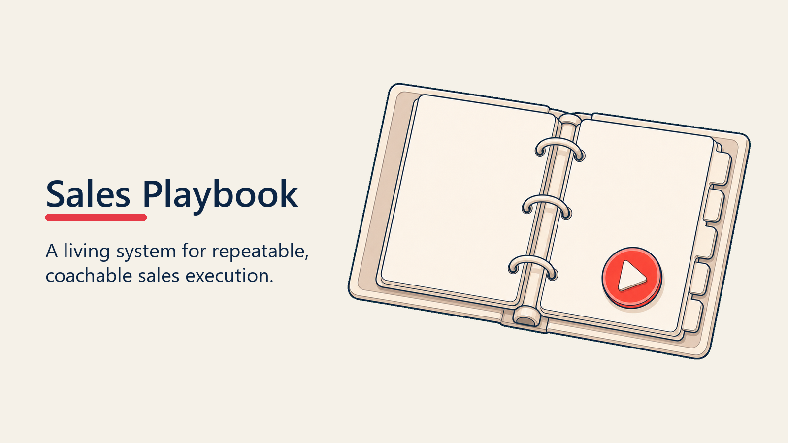Binder sales playbook dengan bahagian bertab dan rajah play dalam warna merah koral pada latar belakang krim