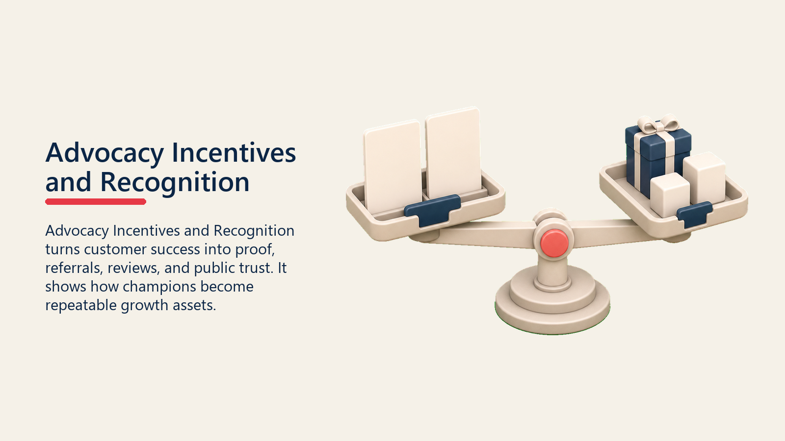 Advocacy Incentives and Recognition showing recognition and incentive exchange scale balancing blank appreciation cards and reward blocks with one plain coral fairness marker