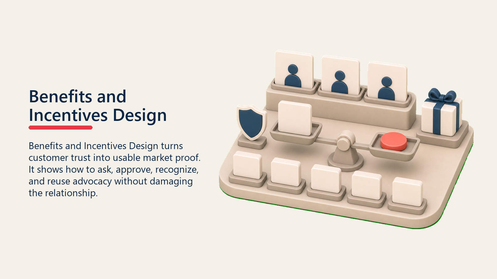 Benefits and Incentives Design showing a benefits and incentives design tray with blank reward blocks, a fairness scale, and one plain coral benefit marker, no labels or currency symbols