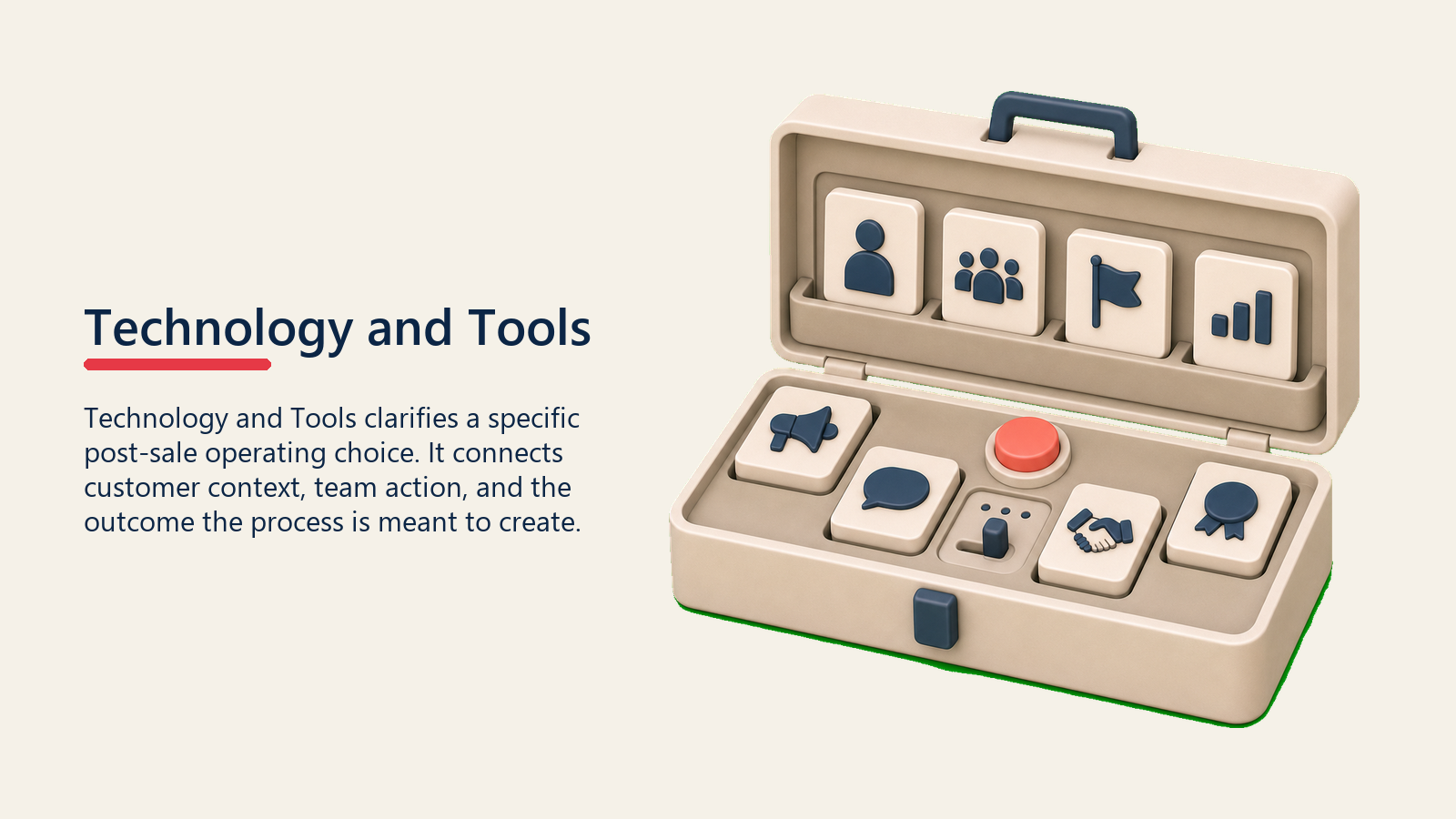 Technology and Tools showing an advocacy technology toolkit with blank tool blocks, a small automation switch, and one plain coral action marker, no app screens or labels